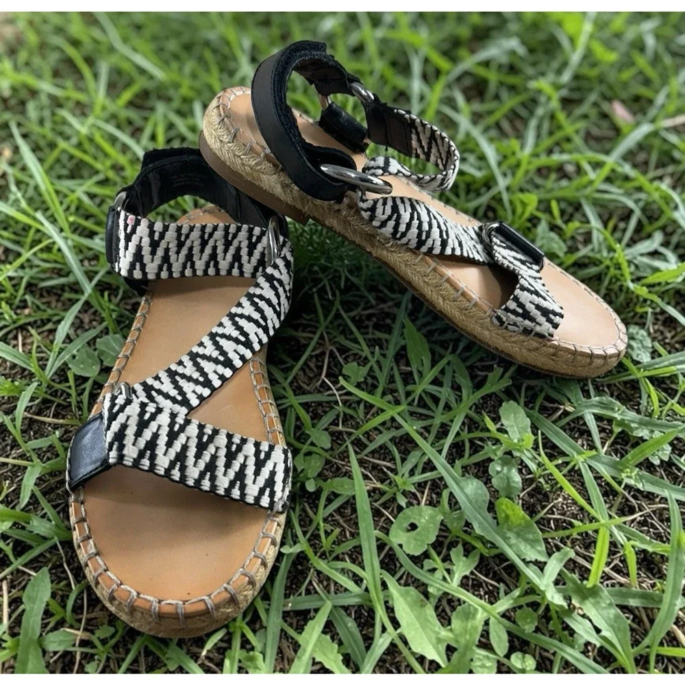 Frye & Co. Kole Asymmetrical Sandals Sz 7 M Black White Straps Espadrille Shoes - Picture 5 of 11